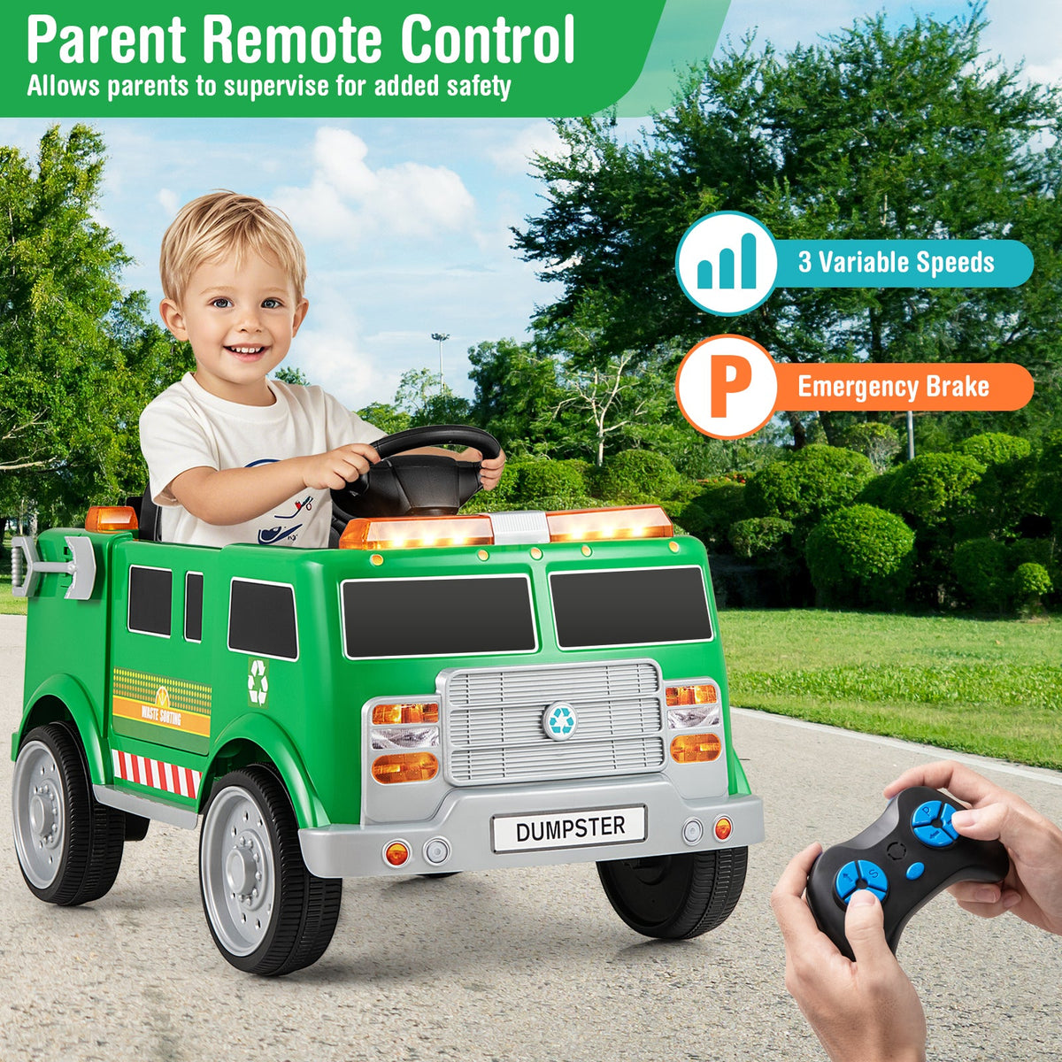 12V Battery Powered Electric Vehicle with Remote Control and Trash Bin-Green