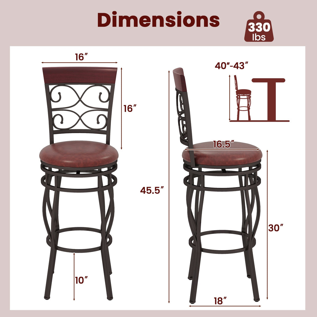 Set of 2 30 Inch Bar Stool with Backrest and Footrest