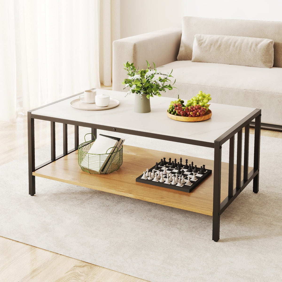 2 Tier Coffee Table with Sintered Stone Tabletop-White