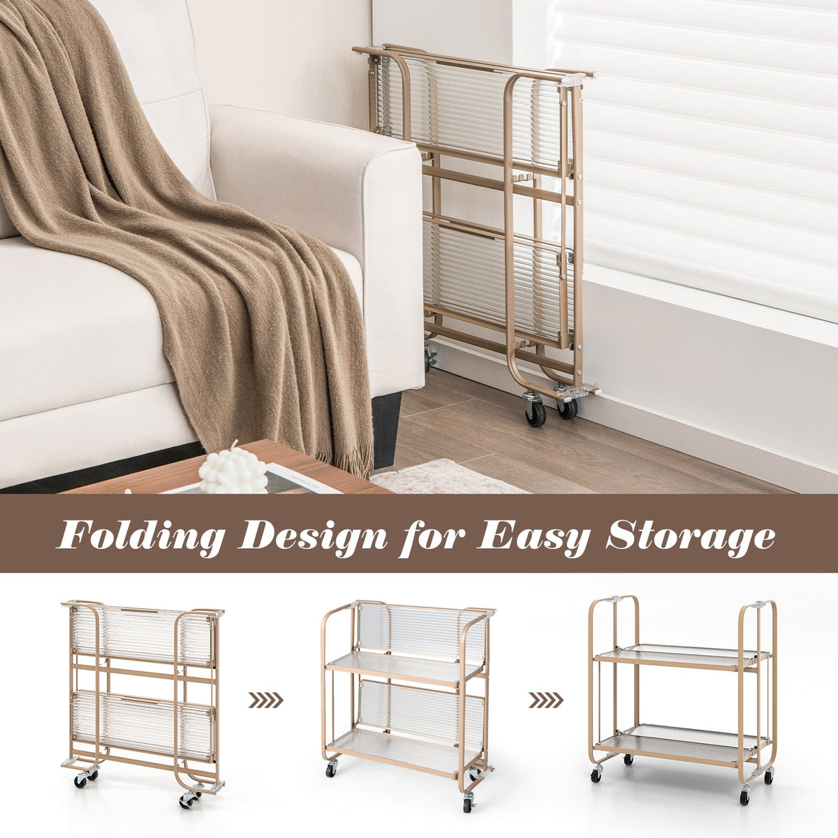 2-Tier Mobile Serving Cart with Tempered Glass Shelf-Golden