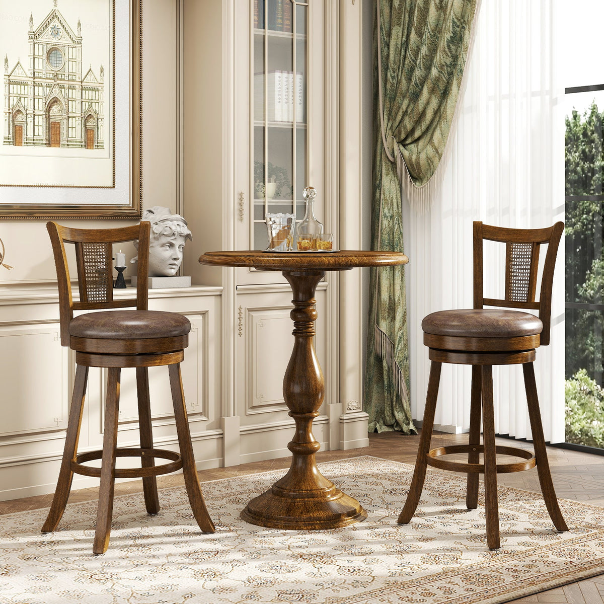 Swivel Bar Stools Set of 2 with Rattan Backrest - Brown