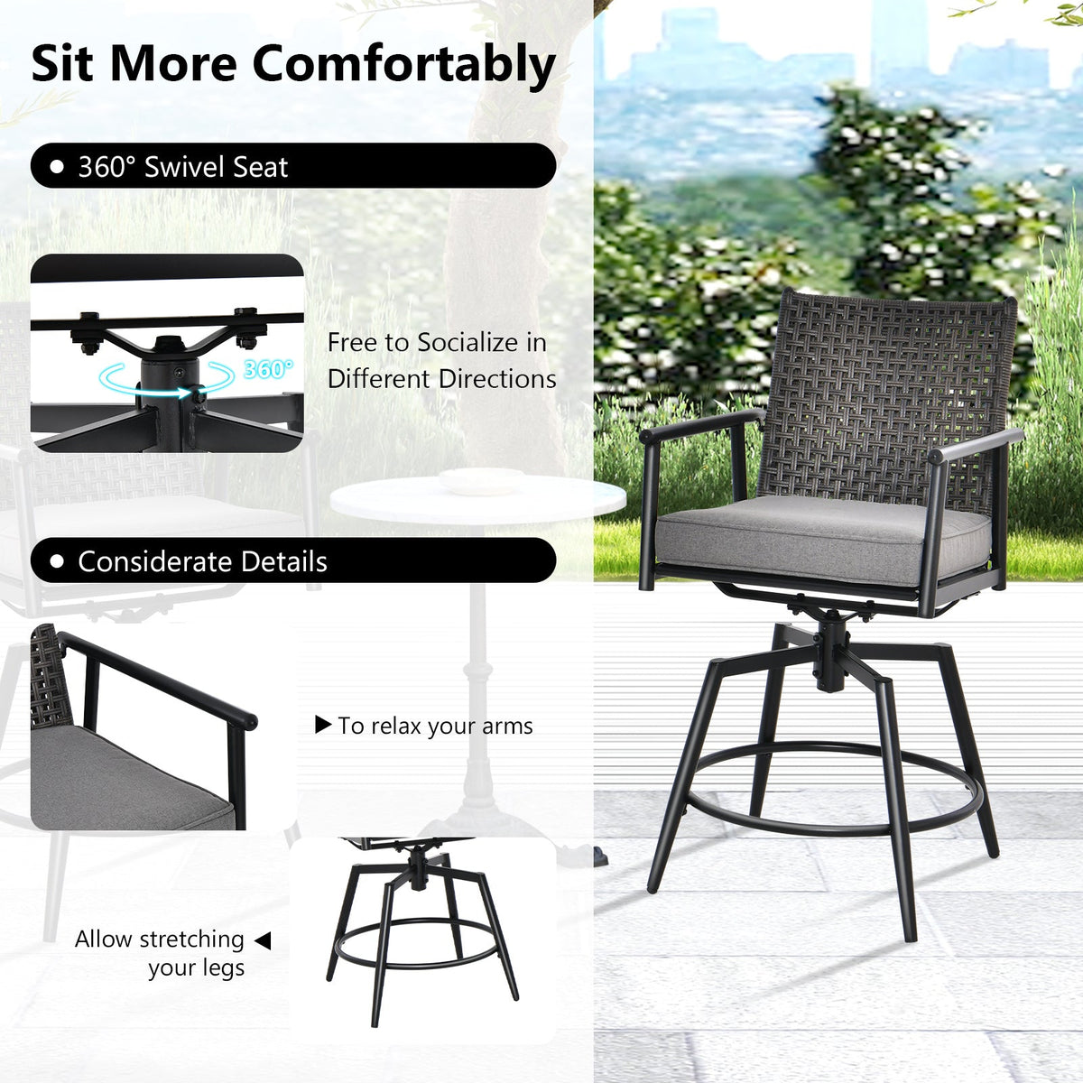 360 Degree Swivel Bar Stool Set of 2 with Metal Frame and PE Rattan Backrest-Black