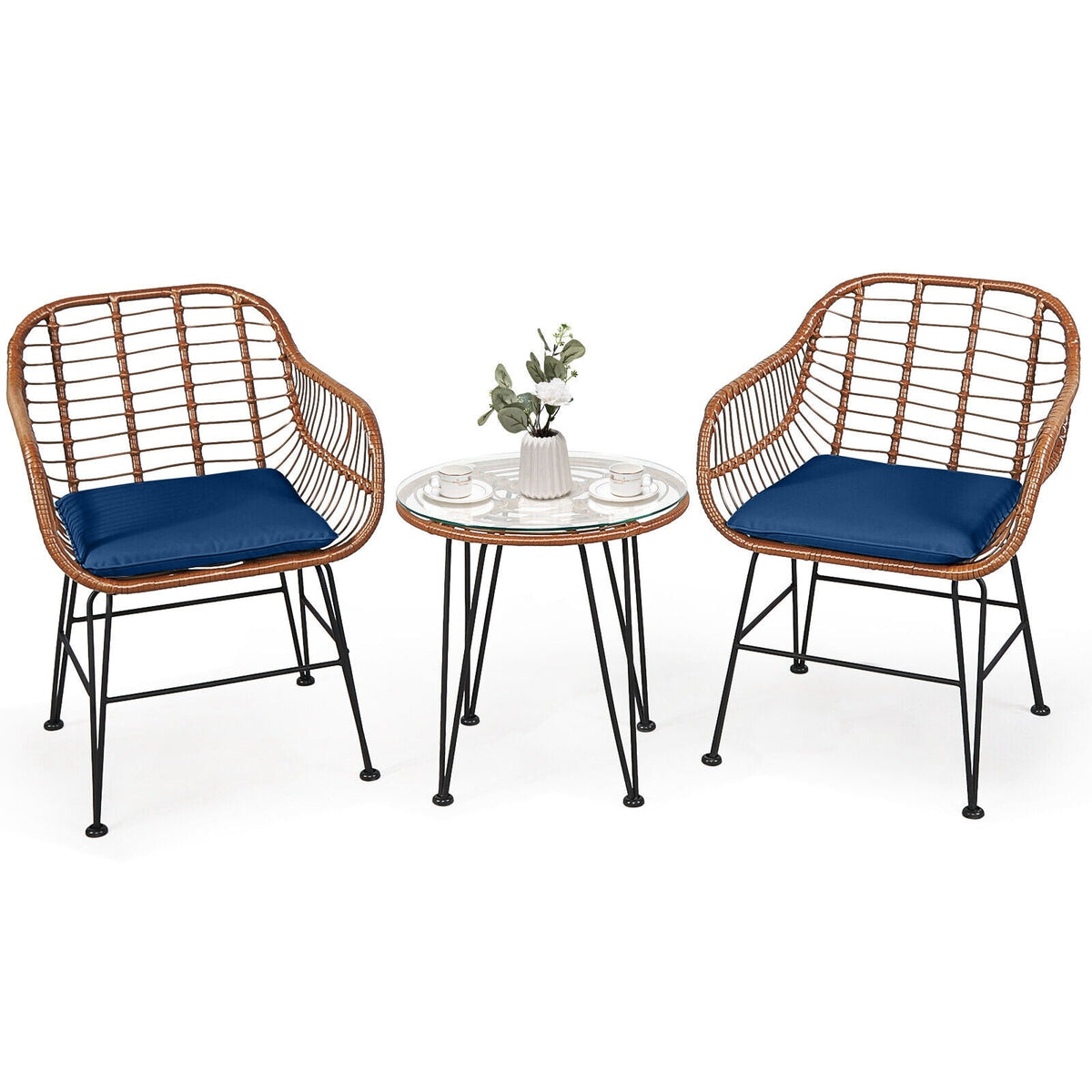 3 Pieces Patio Rattan Bistro Set with Cushion