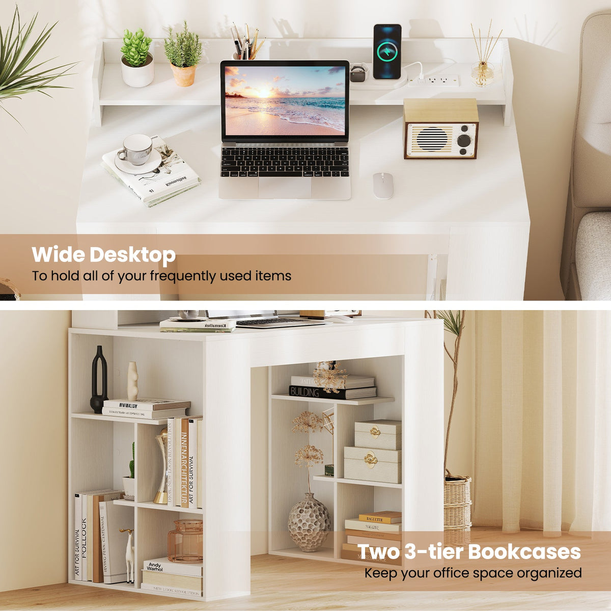 43 Inch Computer Desk with Power Outlets and 2 Bookcases-White