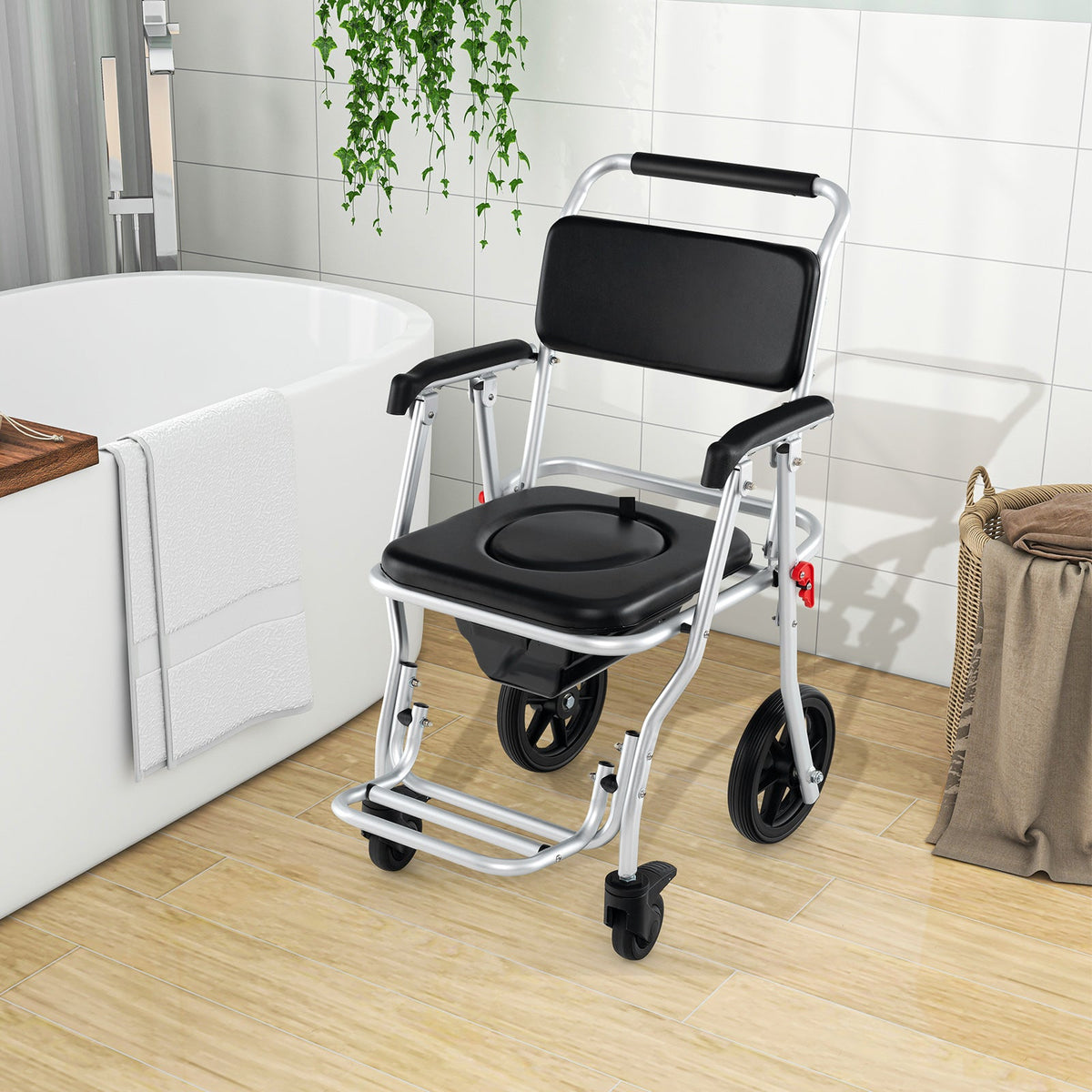 4-in-1 Foldable Bedside Commode Chair with Brakes and Bucket and Footrest