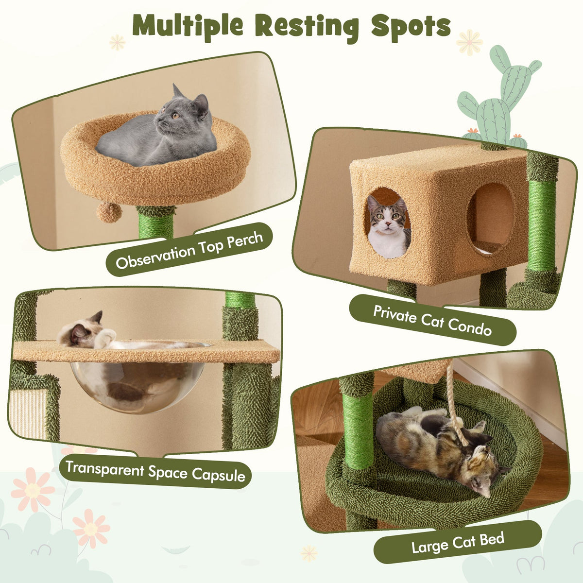 59 Inch Multilevel Cactus Cat Tree with Scratching Posts Cando Toy and Rope-Green