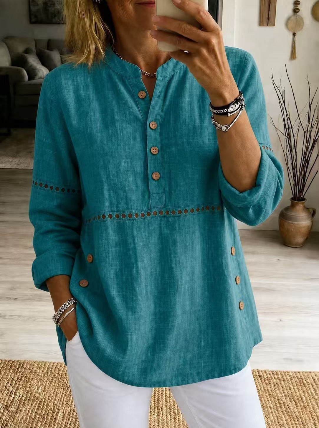 New Autumn And Winter Women's Clothing Stand-up Collar Half-open Front Long-sleeved Top With Side Button Closure Loose Fit Casual Solid Color