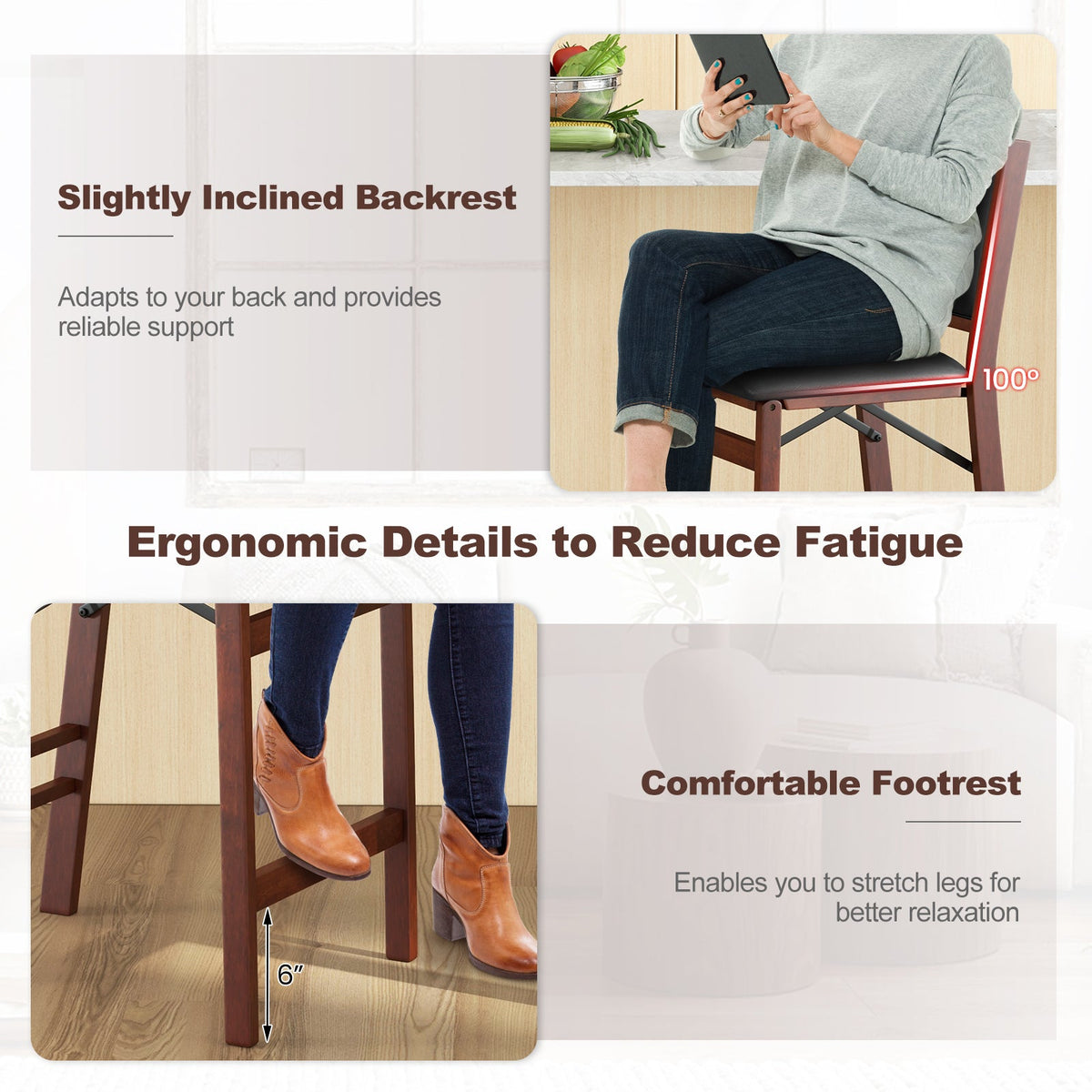 Set of 2 Folding Kitchen Island Stool with Rubber Wood Legs-Brown
