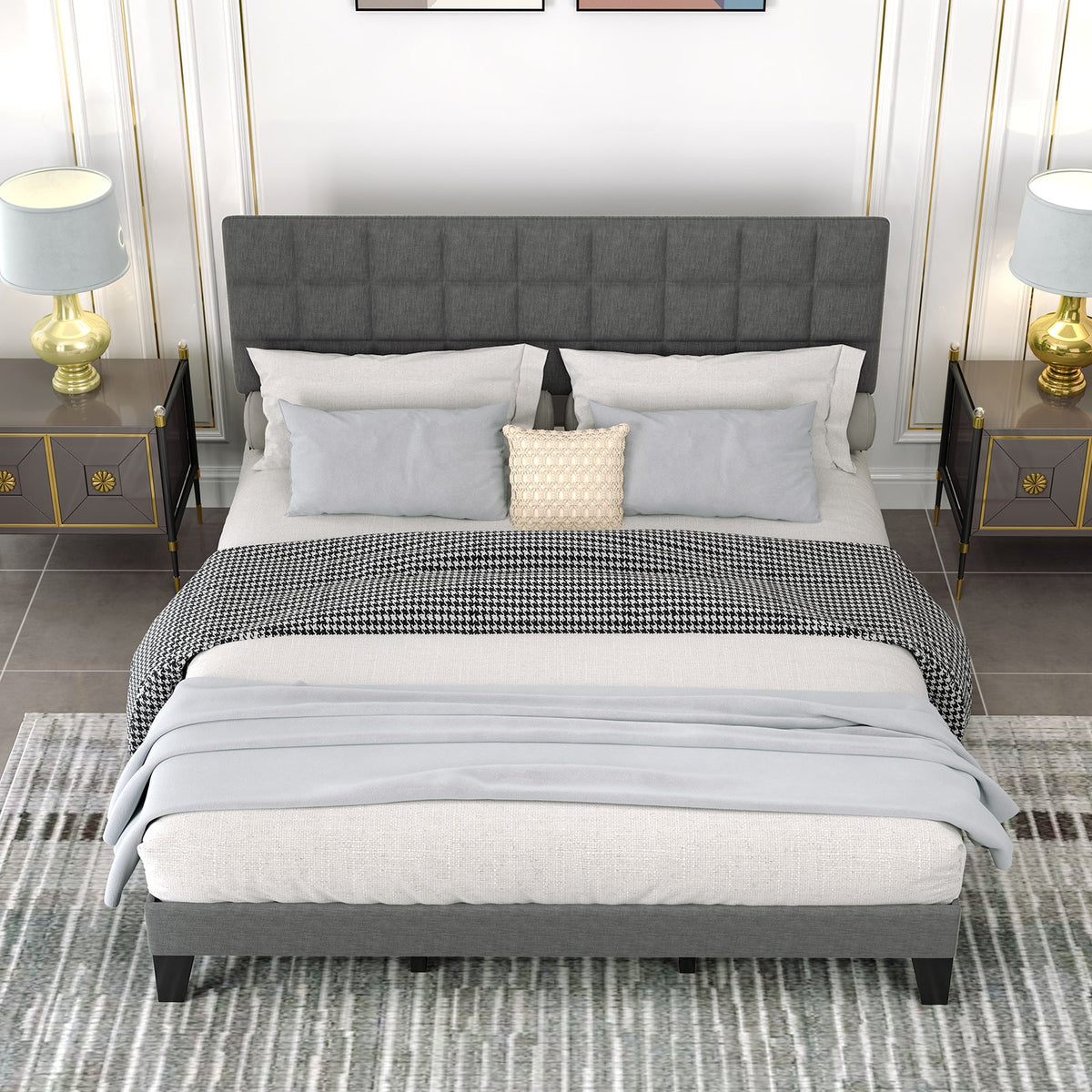 King Size Modern Linen Bed Frame with Adjustable Headboard-Gray