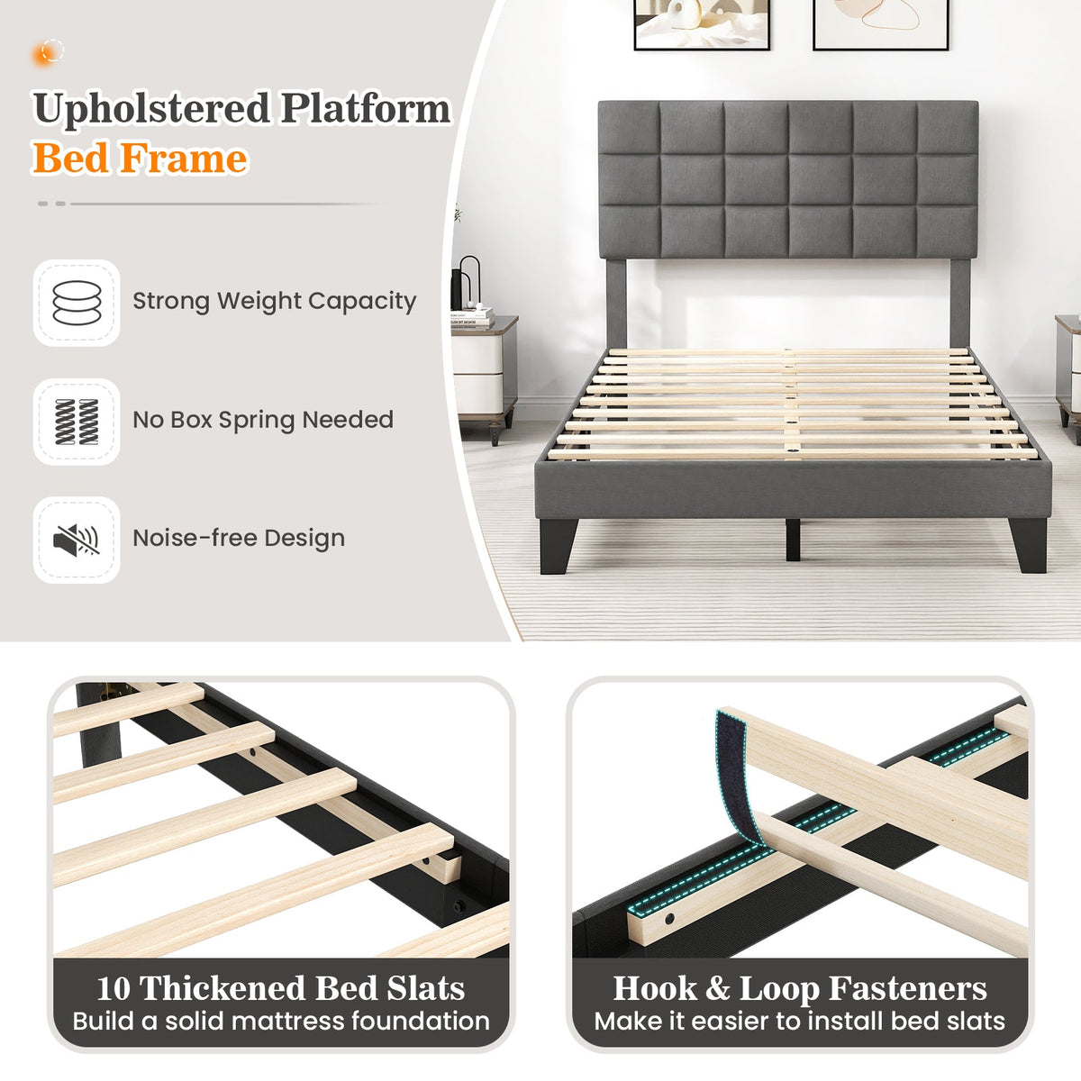 Full Size Modern Linen Bed Frame with Adjustable Headboard-Gray