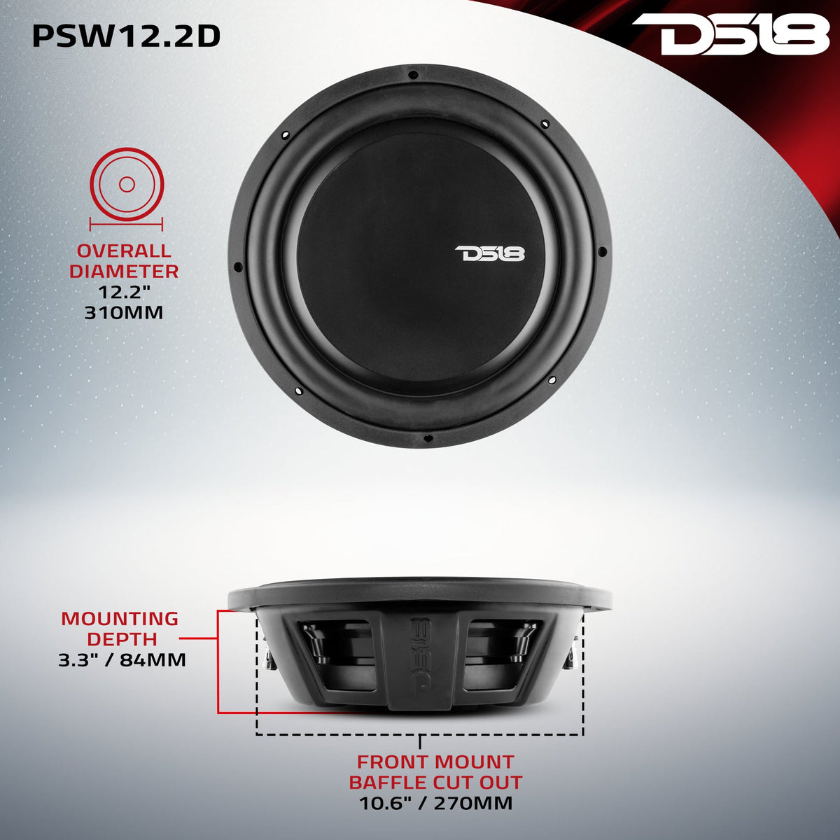 PS Shallow-Mount Water Resistant 12" Subwoofer | 600W RMS DVC 2-Ohm DS18