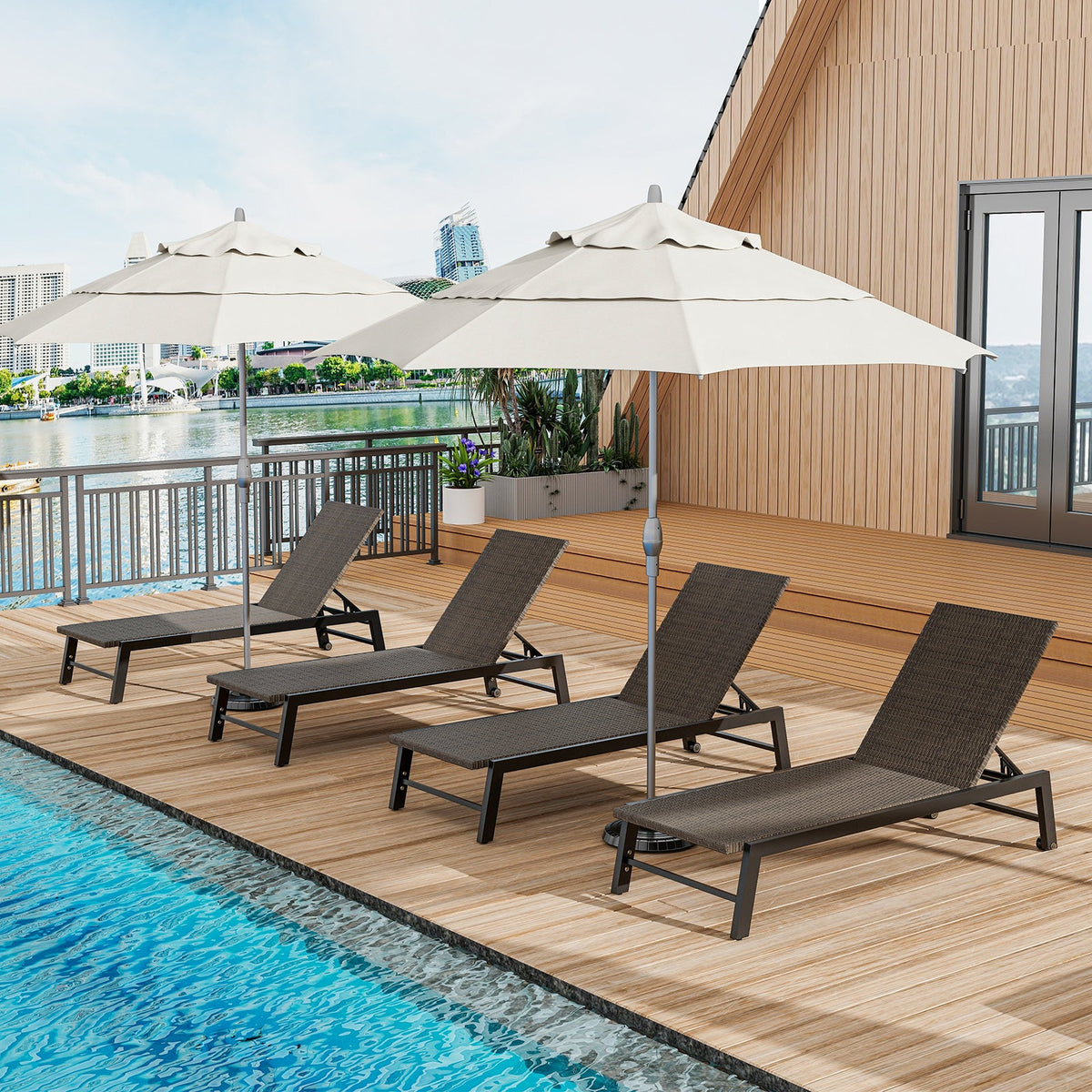 Patio PE Rattan Chaise Lounge with 5-Level Backrest and Wheels-Brown