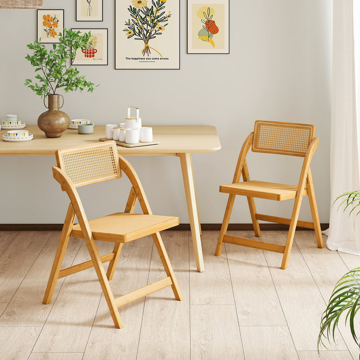 Rattan Cane Folding Dining Chairs Set of 2 with Rotatable Backrests-Natural