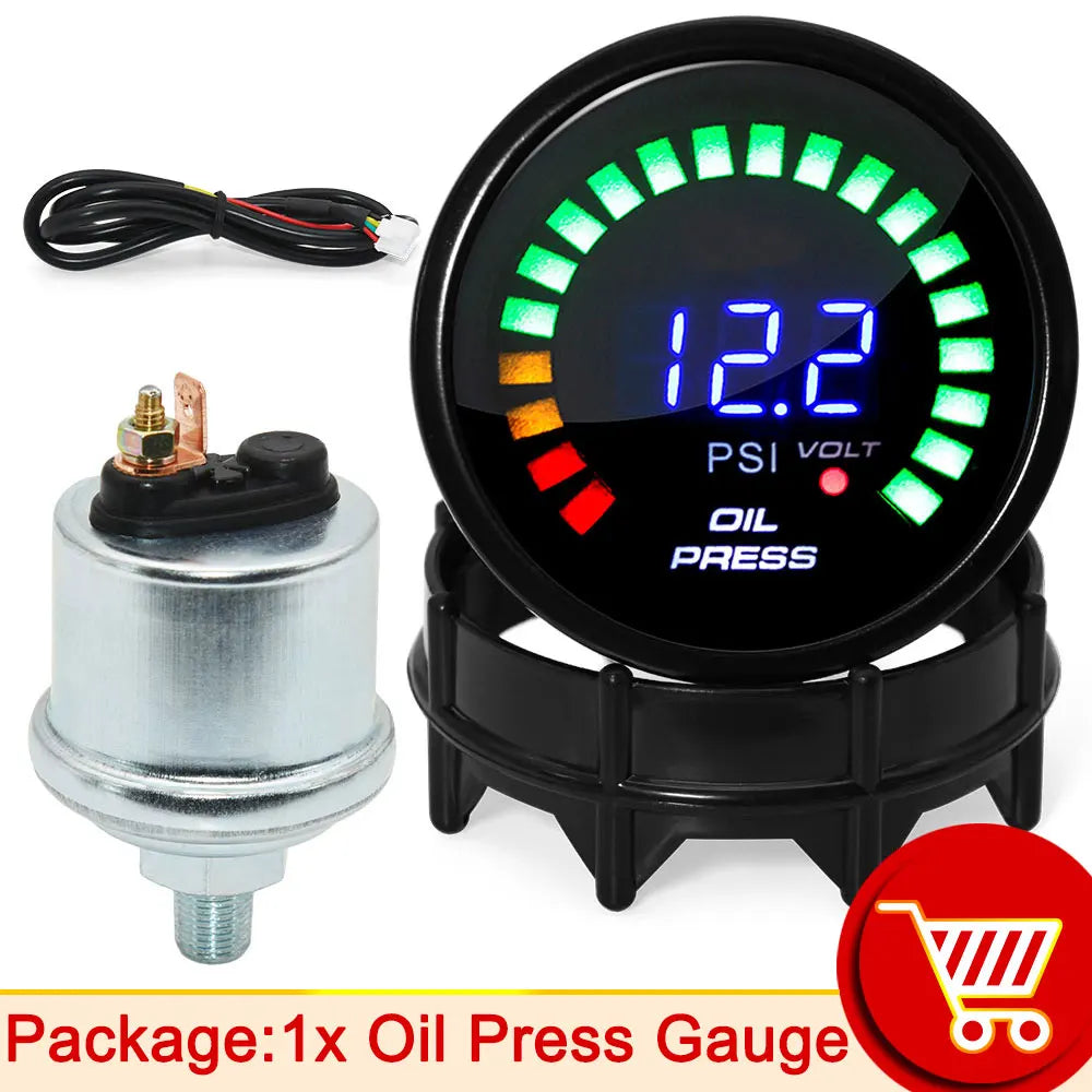 52mm 20 LED Digital Car Gauge Set | Multi-Function Tachometer, Boost, Temp & Pressure Monitor