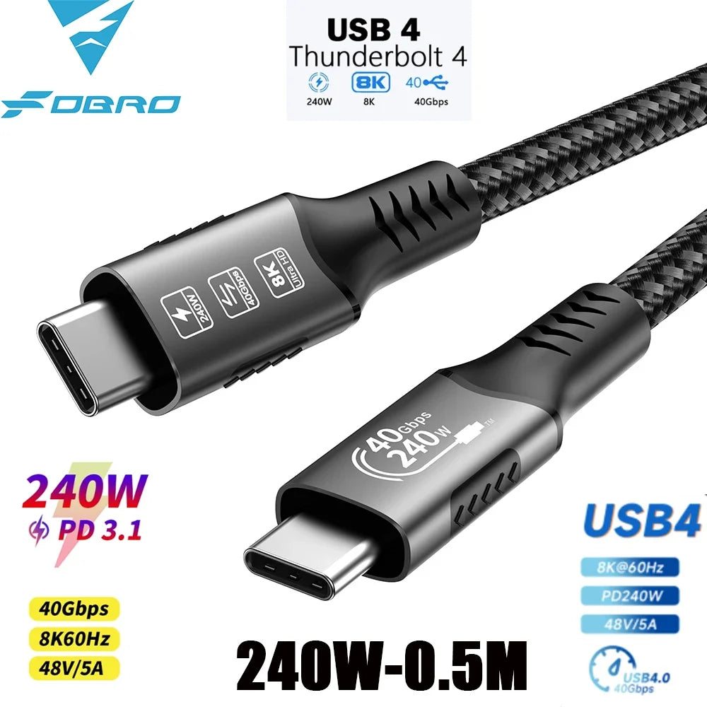 USB4 Cable 40Gbps 48V 240W For Thunderbolt 4 Type C Fast Charging Cable Thunderbolt3 USB C to C Data Transfer Cable For laptop