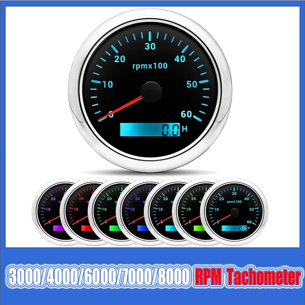 85MM Digital Tachometer 3000-8000 RPM | 7-Color Backlight LCD for Boat Car Marine RV MyPetiteCar.com