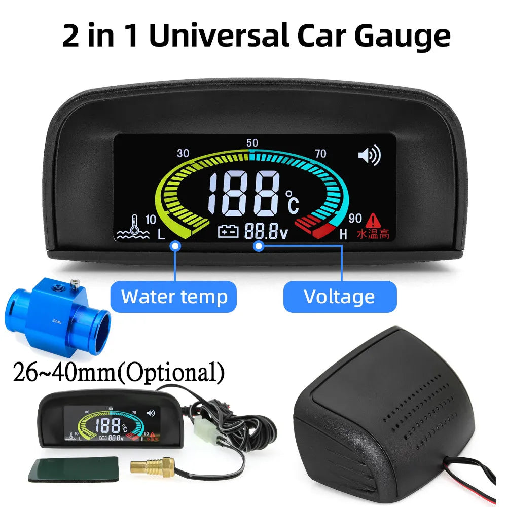 HD Universal Water Temperature Voltmeter Gauge | 2 in 1 Digital Car Gauge with Temp Sensor 10mm MyPetiteCar.com