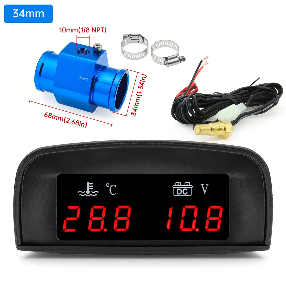 2 In 1 Car Water Temperature and Voltage Gauge | Digital LCD Display with 1/8 NPT Sensor Adapter