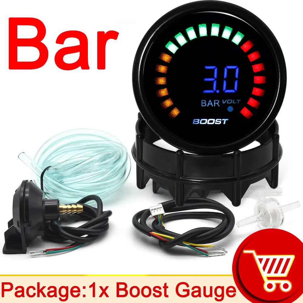 52mm 20 LED Digital Car Gauge Set | Multi-Function Tachometer, Boost, Temp & Pressure Monitor
