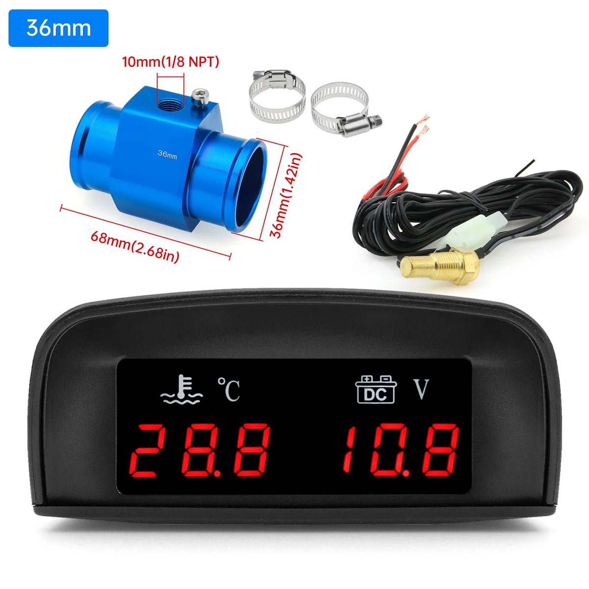 2 In 1 Car Water Temperature and Voltage Gauge | Digital LCD Display with 1/8 NPT Sensor Adapter