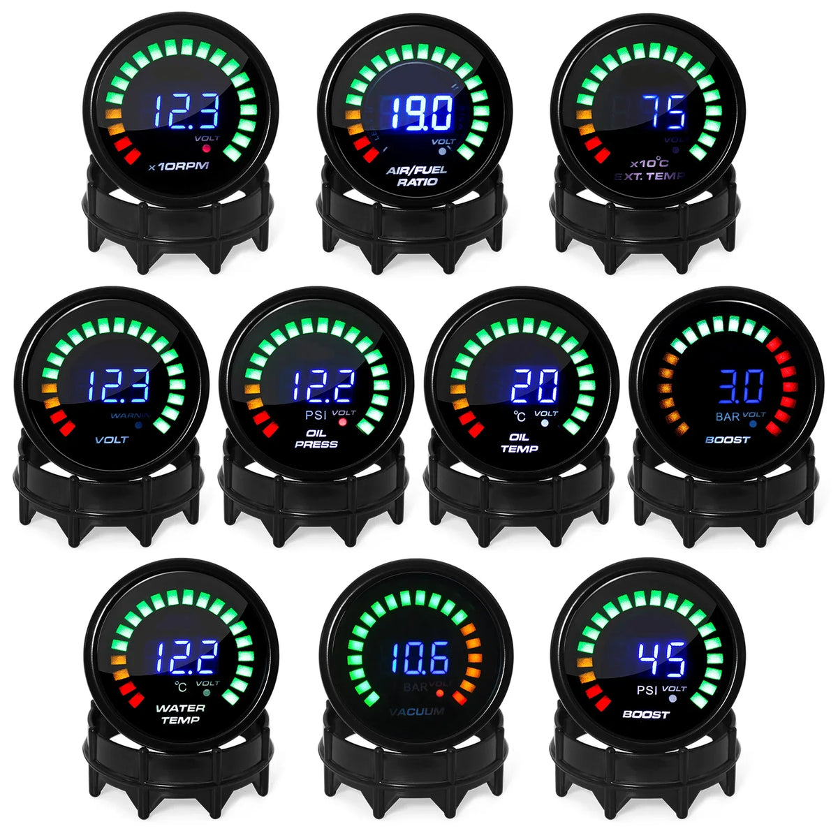 52mm 20 LED Digital Car Gauge Set | Multi-Function Tachometer, Boost, Temp & Pressure Monitor