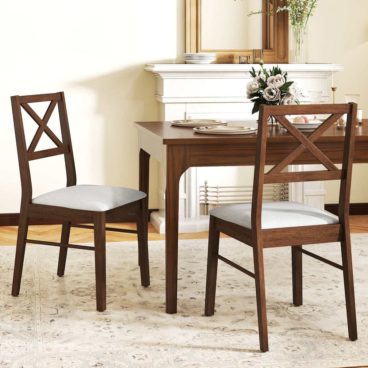 Upholstered Side Dining Chairs Set of 2 with Rubber Wood Frame