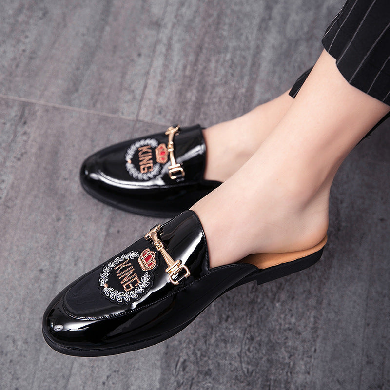 Men's Closed Toe Half Slippers: Bright Leather, Fashion Embroidery
