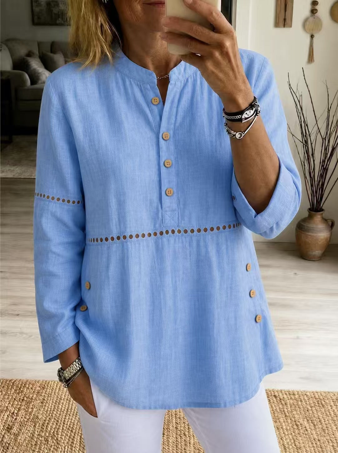 New Autumn And Winter Women's Clothing Stand-up Collar Half-open Front Long-sleeved Top With Side Button Closure Loose Fit Casual Solid Color