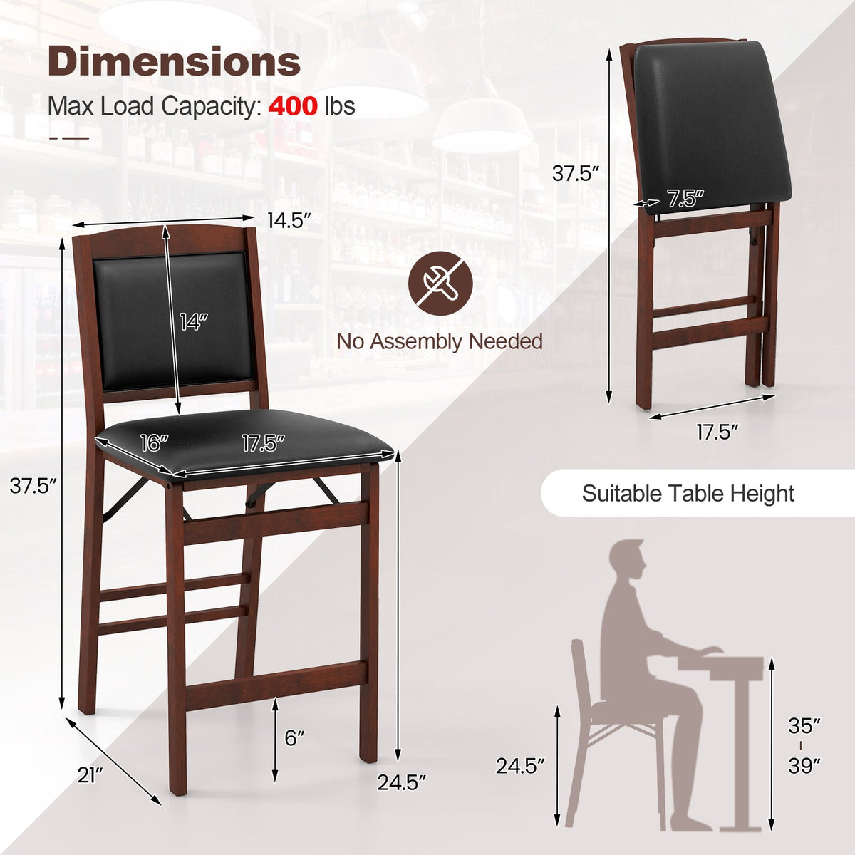 Set of 2 Folding Kitchen Island Stool with Rubber Wood Legs-Brown