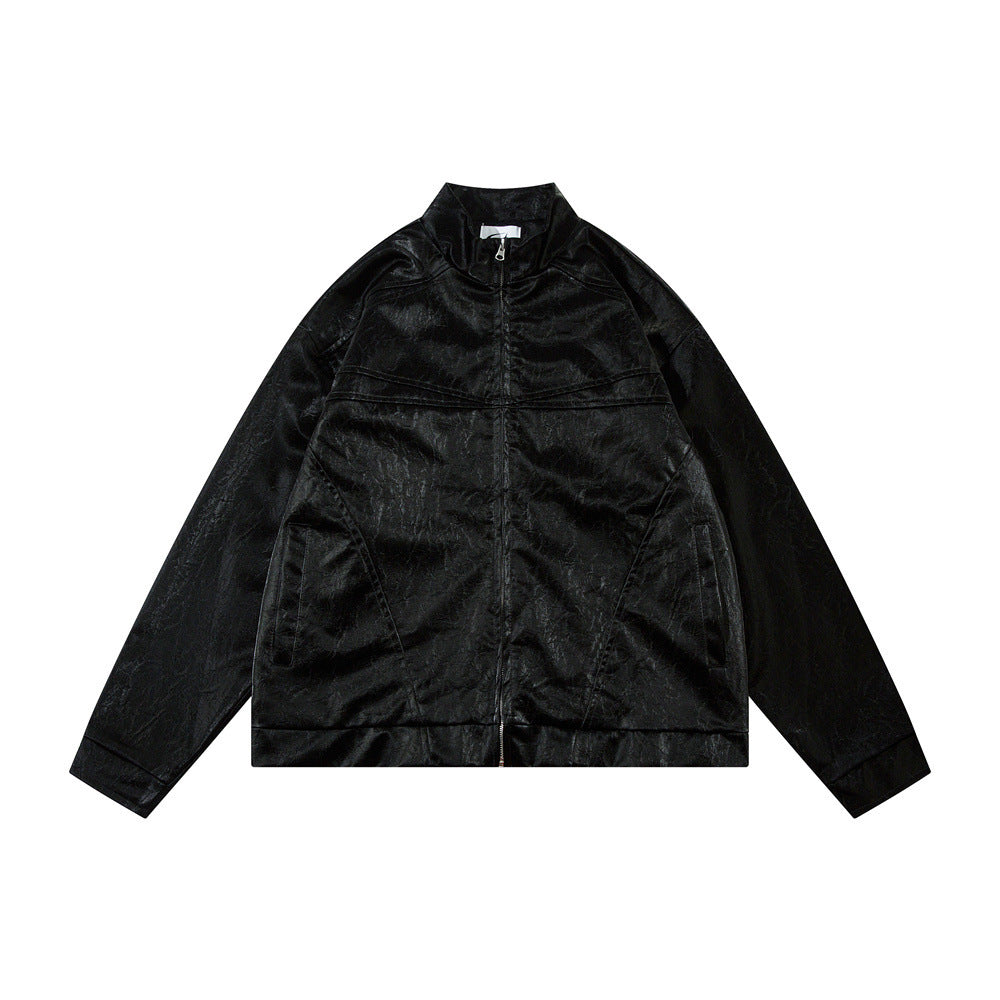 Men's Split Splicing Solid Color Loose Standing Collar Leather Jacket