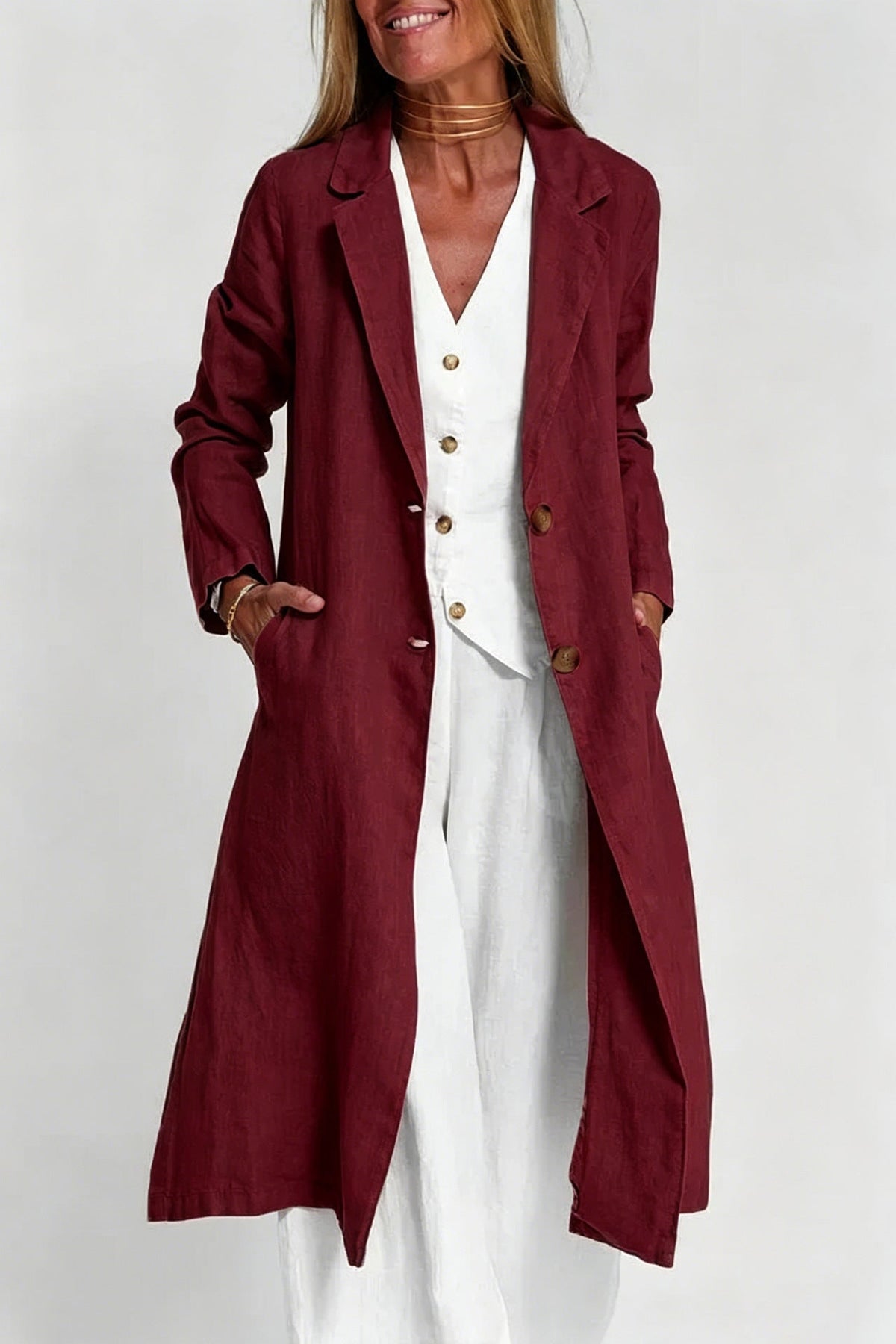 Long-sleeve Buttoned Cotton-linen Trench Coat With A Suit Collar