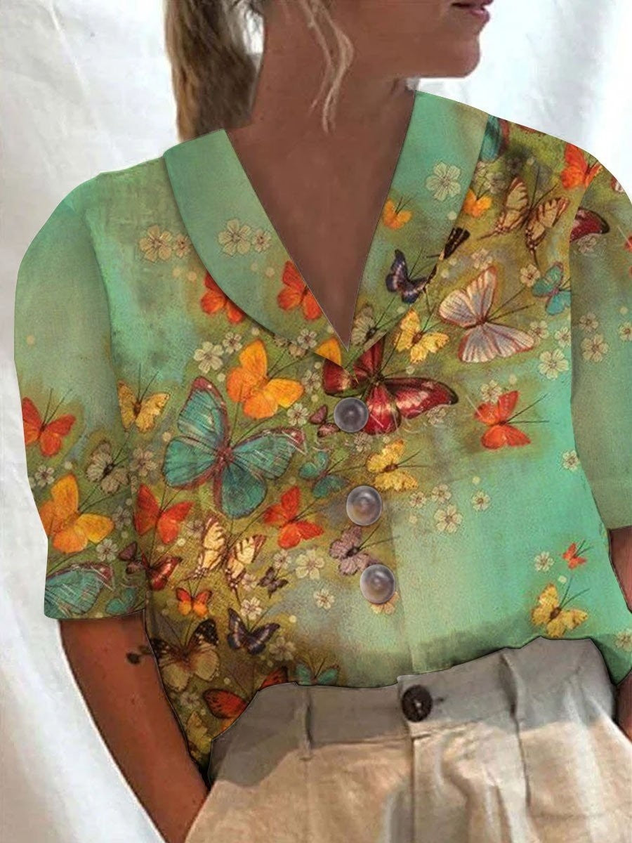 Women's Stand Collar Printed Cotton-Linen Shirt
