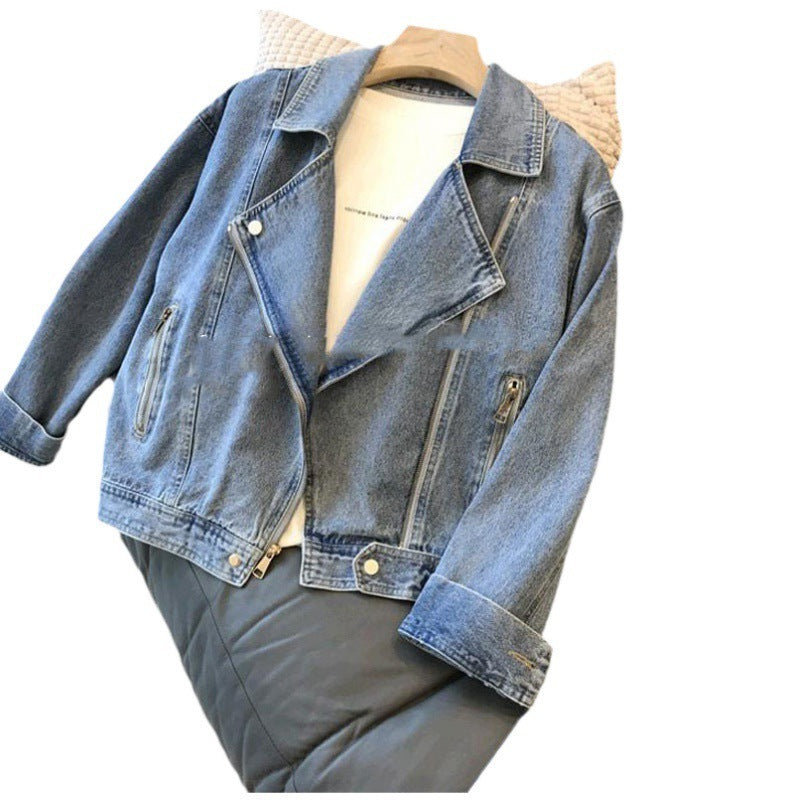 Fashion Motorcycle Lapel Long-sleeve Zipper Denim Jacket