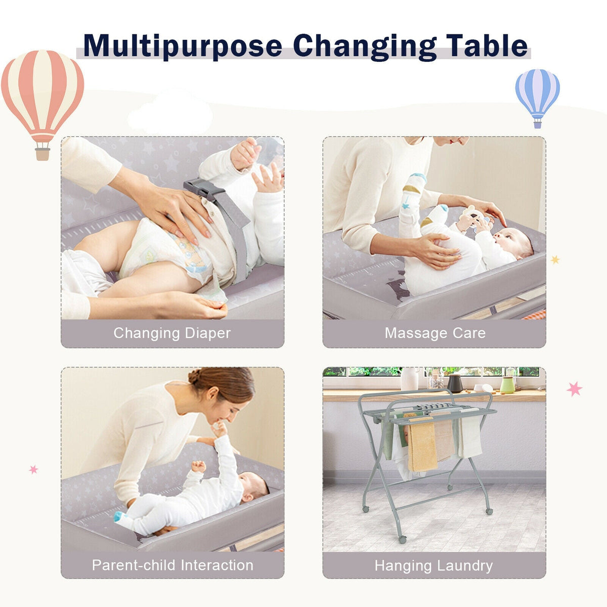 Baby Changing Table with Safety Belt and 4-side Defence-Gray GBruno Store