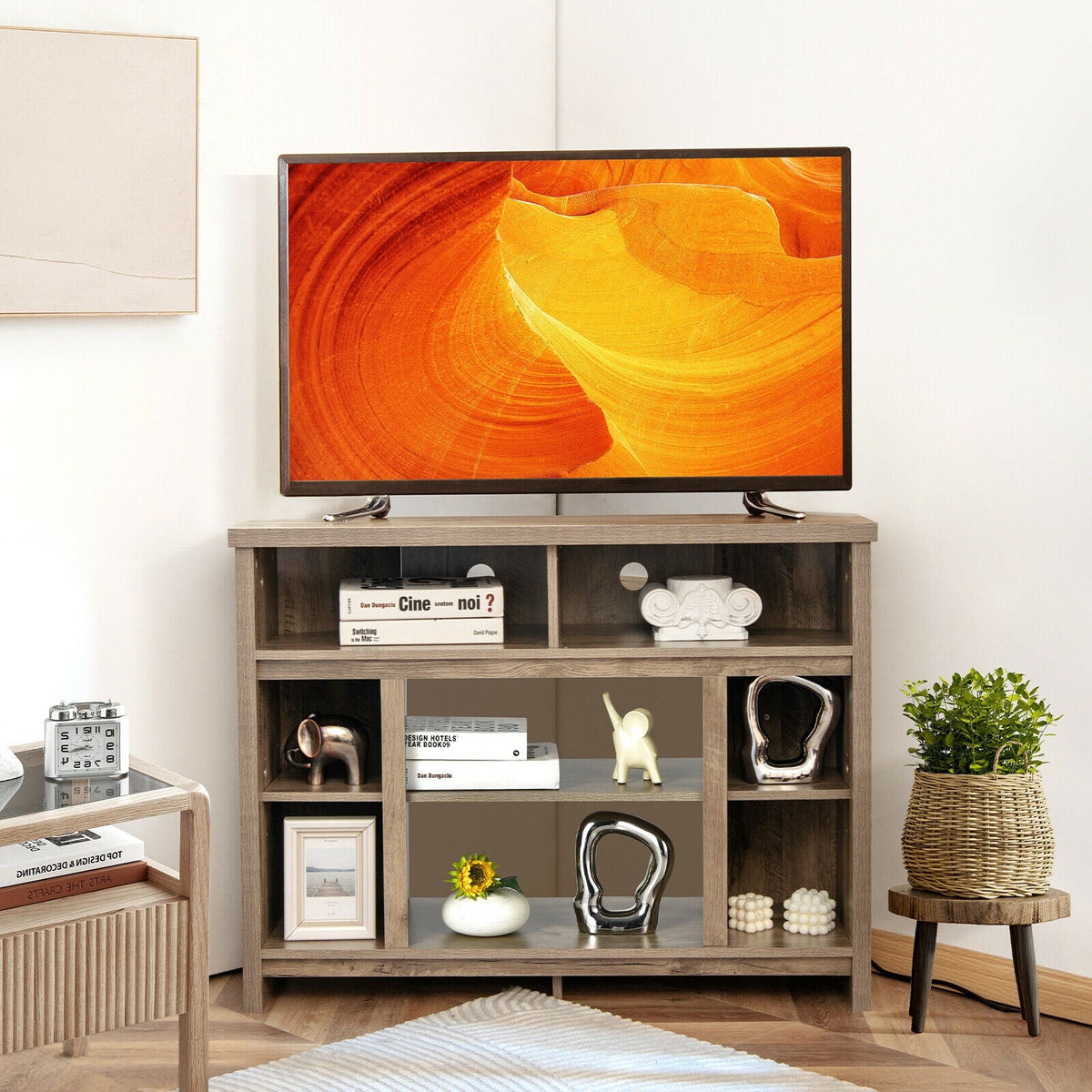 Modern Corner TV Stand with Adjustable Shelves for TVs up to 48 Inch