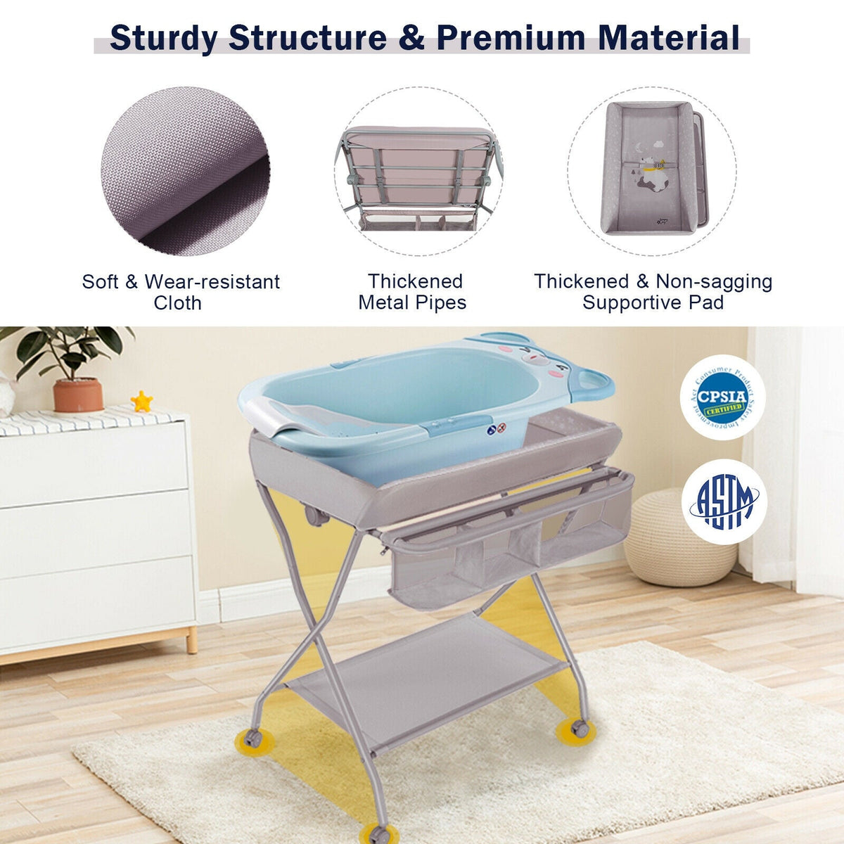 Baby Changing Table with Safety Belt and 4-side Defence-Gray GBruno Store