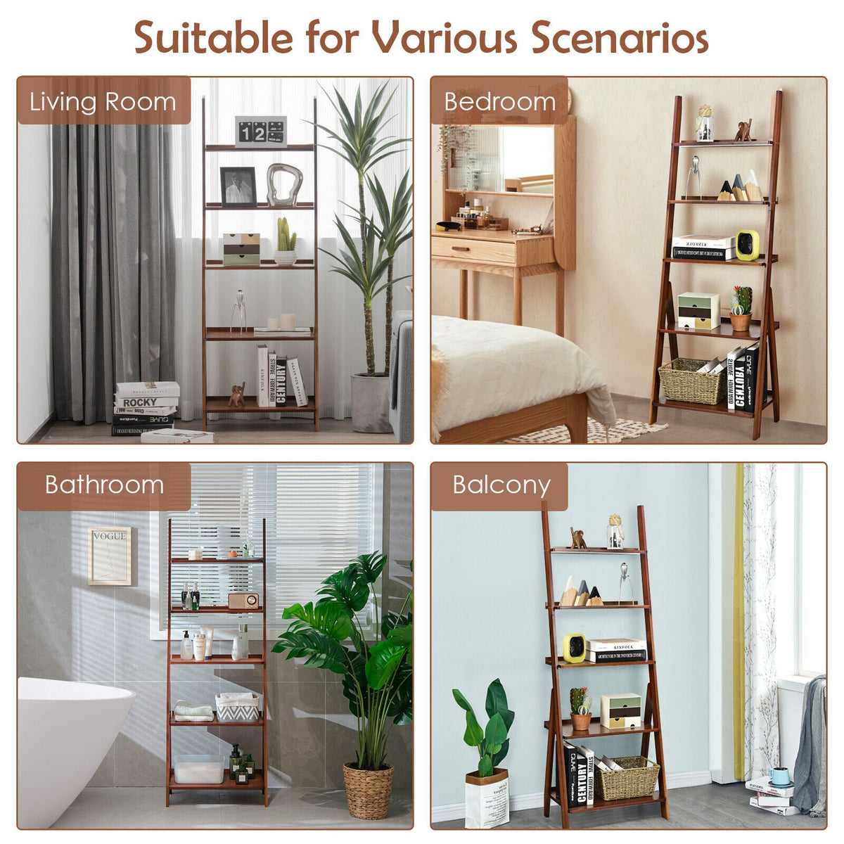 5-Tier Bamboo Ladder Shelf for Home Use
