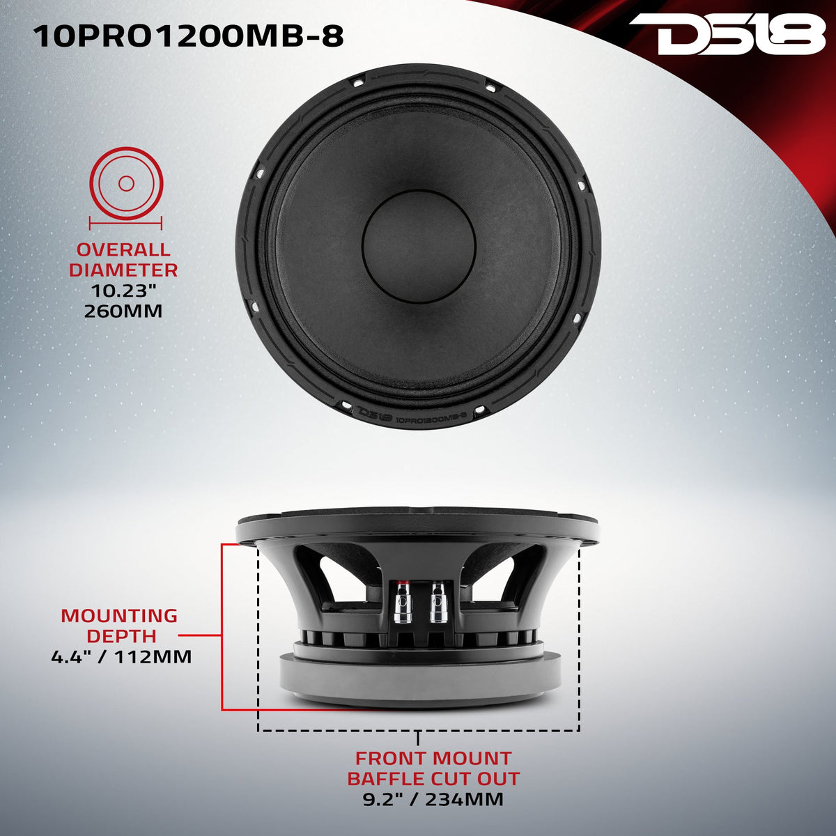 10" Mid-Bass Loudspeaker 600 Watts Rms 8-Ohm DS18