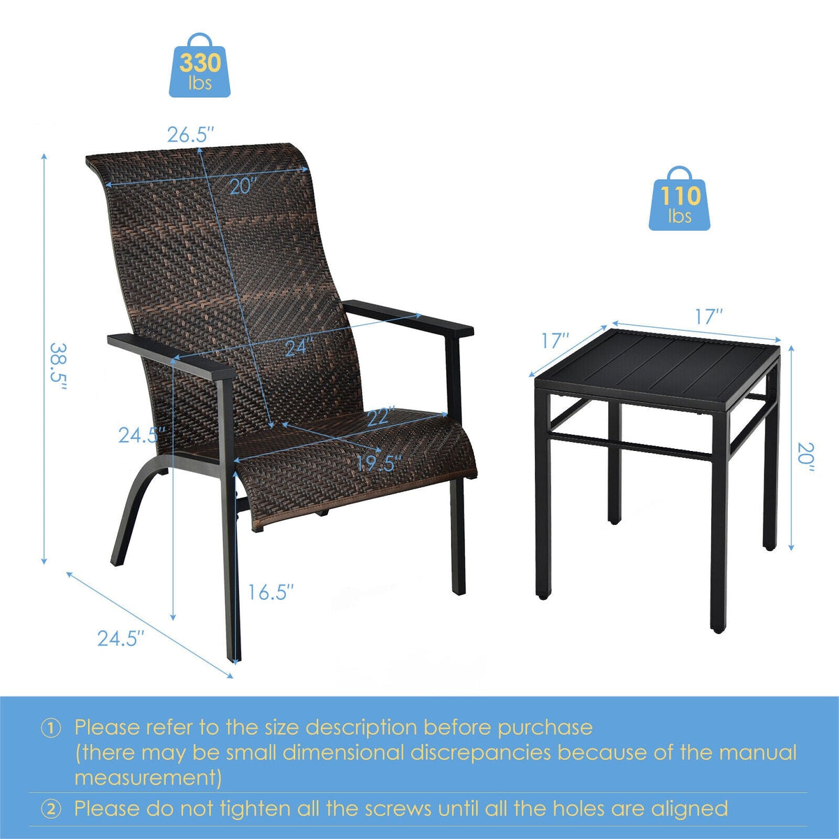 3 Pieces Patio Rattan Bistro Set with High Backrest and Armrest