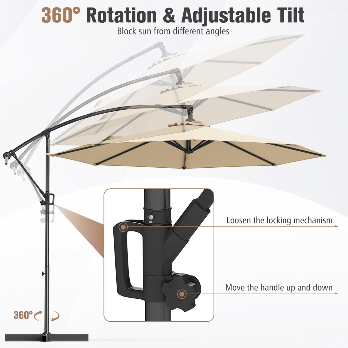 10 Feet Offset Hanging Umbrella with Base and Infinite Tilt