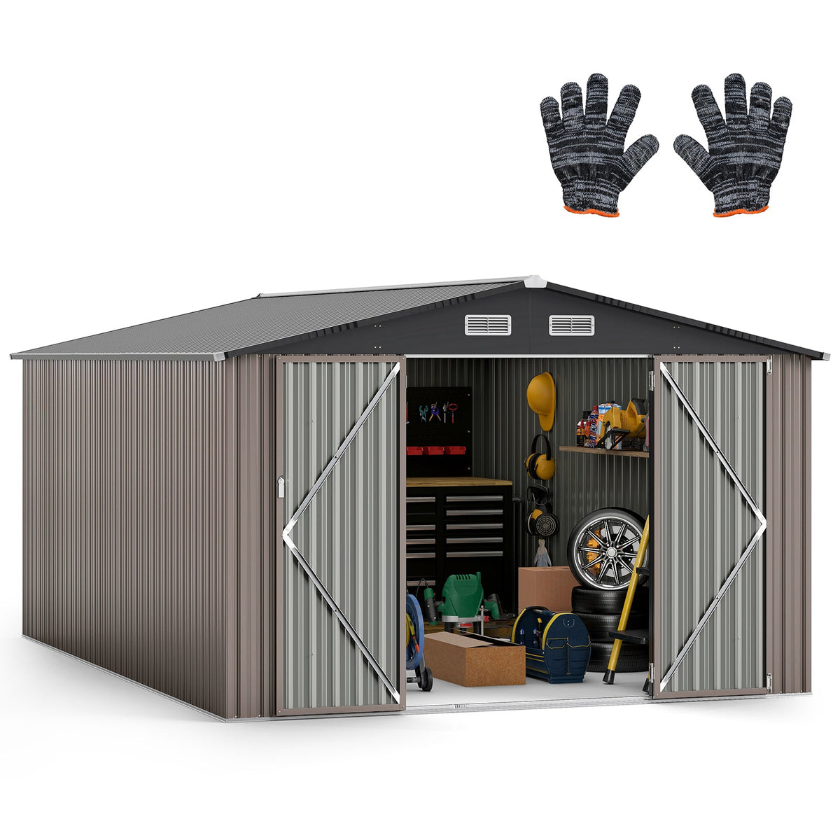 10 x 14 FT Outdoor Storage Shed with Improved Windproof Metal Structure-Gray