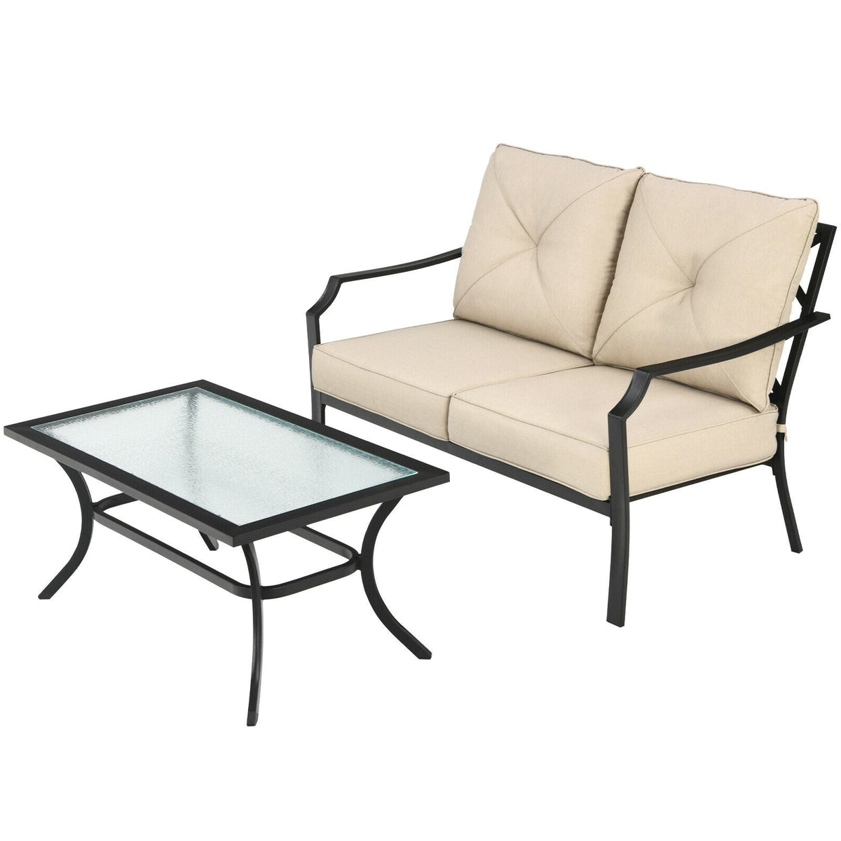 2 Pieces Patio Outdoor Cushioned Sofa Bench with Coffee Table-Beige