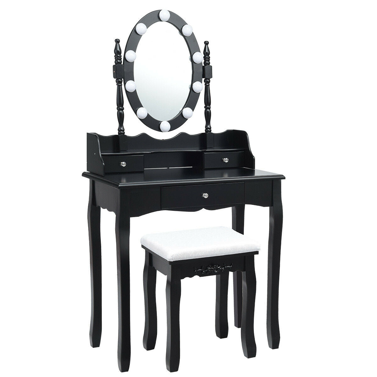 Oval Mirror Vanity Set with 10 LED Dimmable Bulbs and 3 Drawers