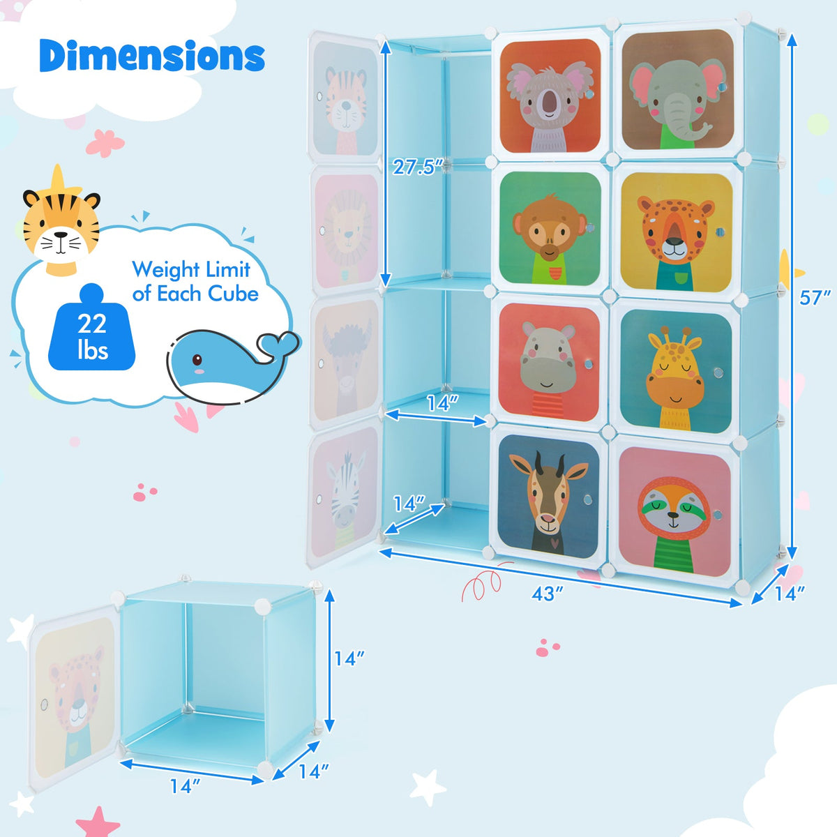 12 Cube Kids Wardrobe Closet with Hanging Section and Doors