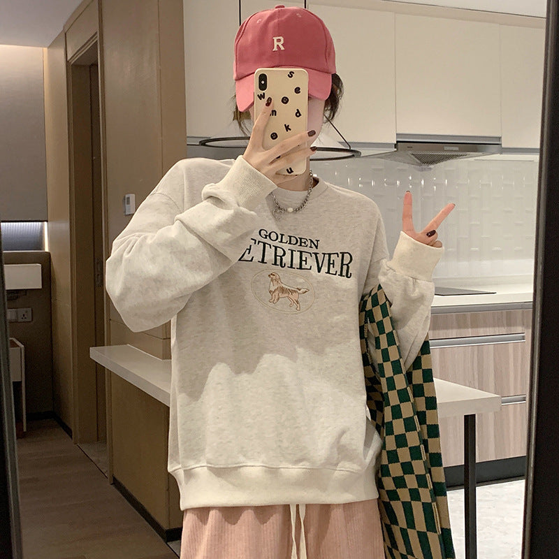 Korean Style Oversize Round-Neck Embroidered Cartoon Long-Sleeve Top