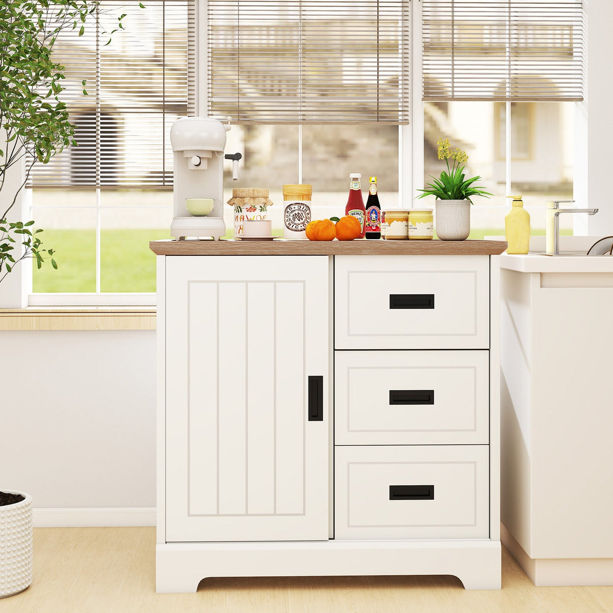 Farmhouse Sideboard Buffet Cabinet Kitchen Pantry with Sliding Doors-White