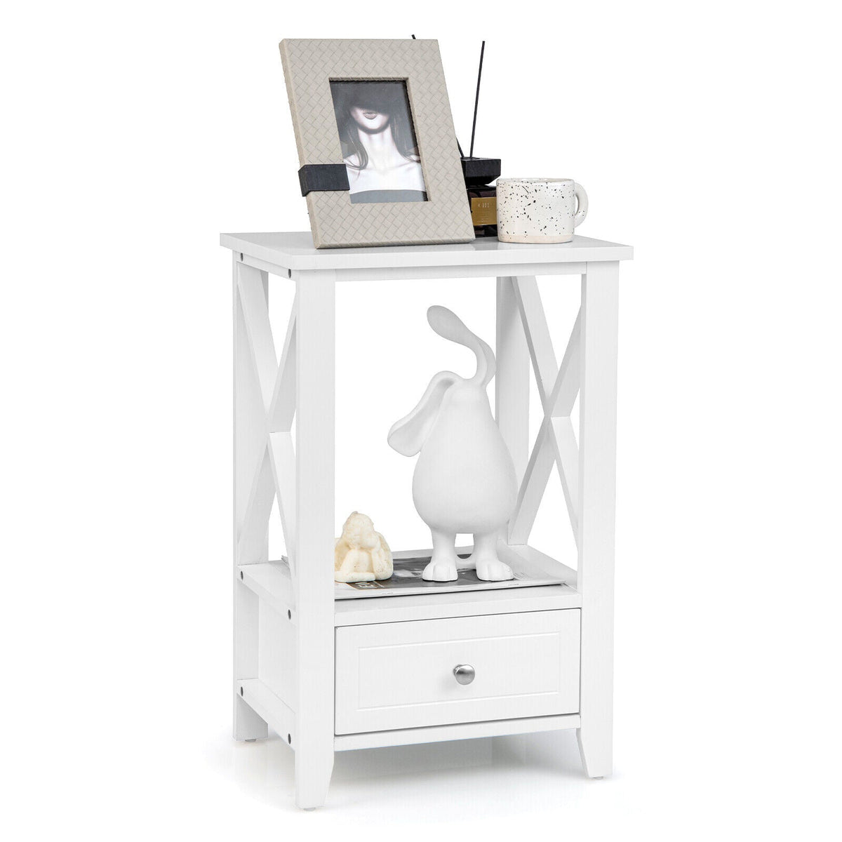 2-Tier 16 x 14 Inch Multifunctional Nightstand with Storage Drawer