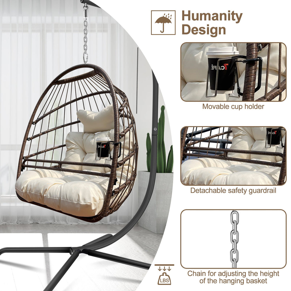 Swing Egg Chair with Stand & UV-Resistant Cushion - 350 lbs Capacity