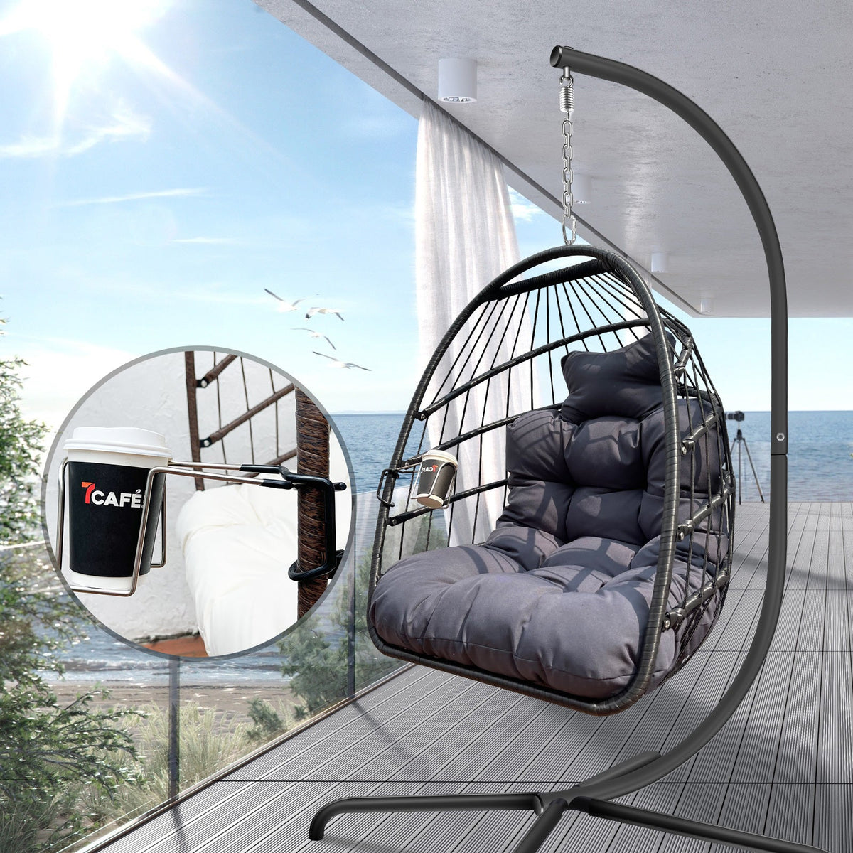 Swing Egg Chair with Stand & UV-Resistant Cushion - 350 lbs Capacity