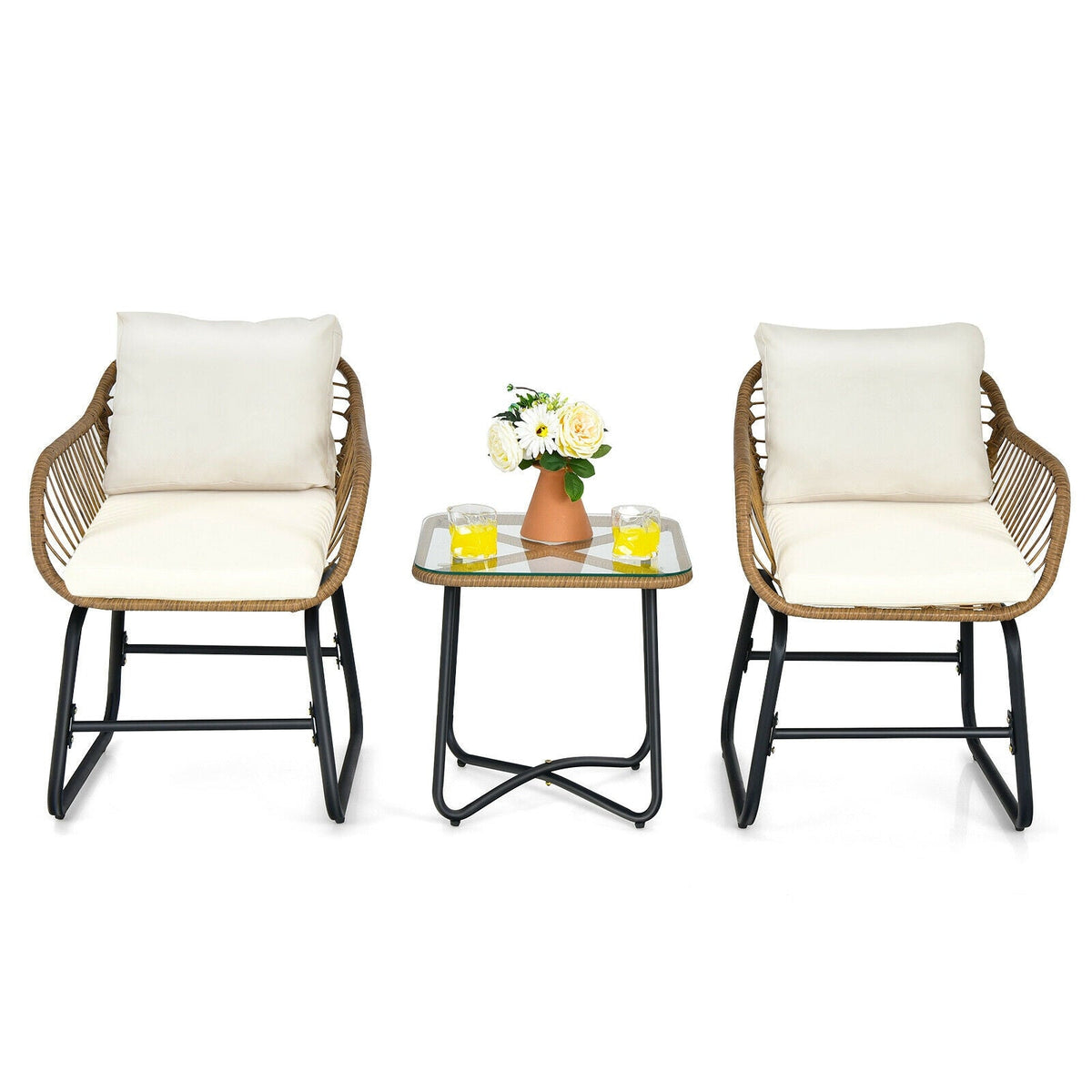 3-Piece Patio Bistro Set with 2 Rattan Chairs and Square Glass Coffee Table-White